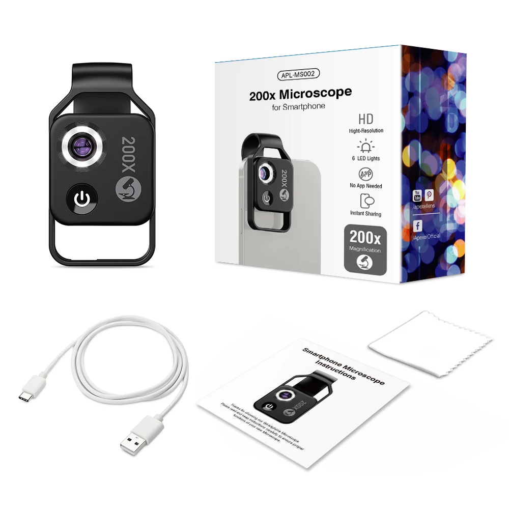 Apexel Private Mold Mini Pocket Size Mobile Phone Microscope HD Optical Universal Clip Digital 200X Microscope Lens