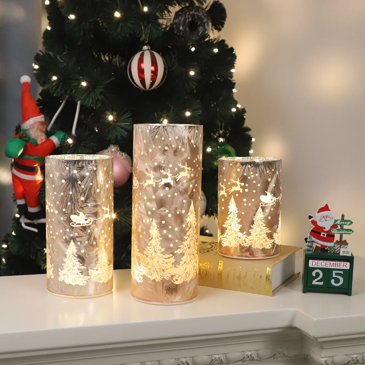 Fancy Champagne Laser Engraving Frosted Feather Design Lighted Up Glass Cylinder Lantern Holiday Party Decorative Crafts