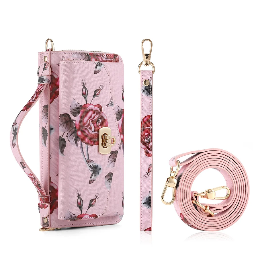 Flowers Painted RFID Protection Wallet Large Capacity for iPhone 15 14 for Samsung Cosmetic Bag Phone Cases With Mirror