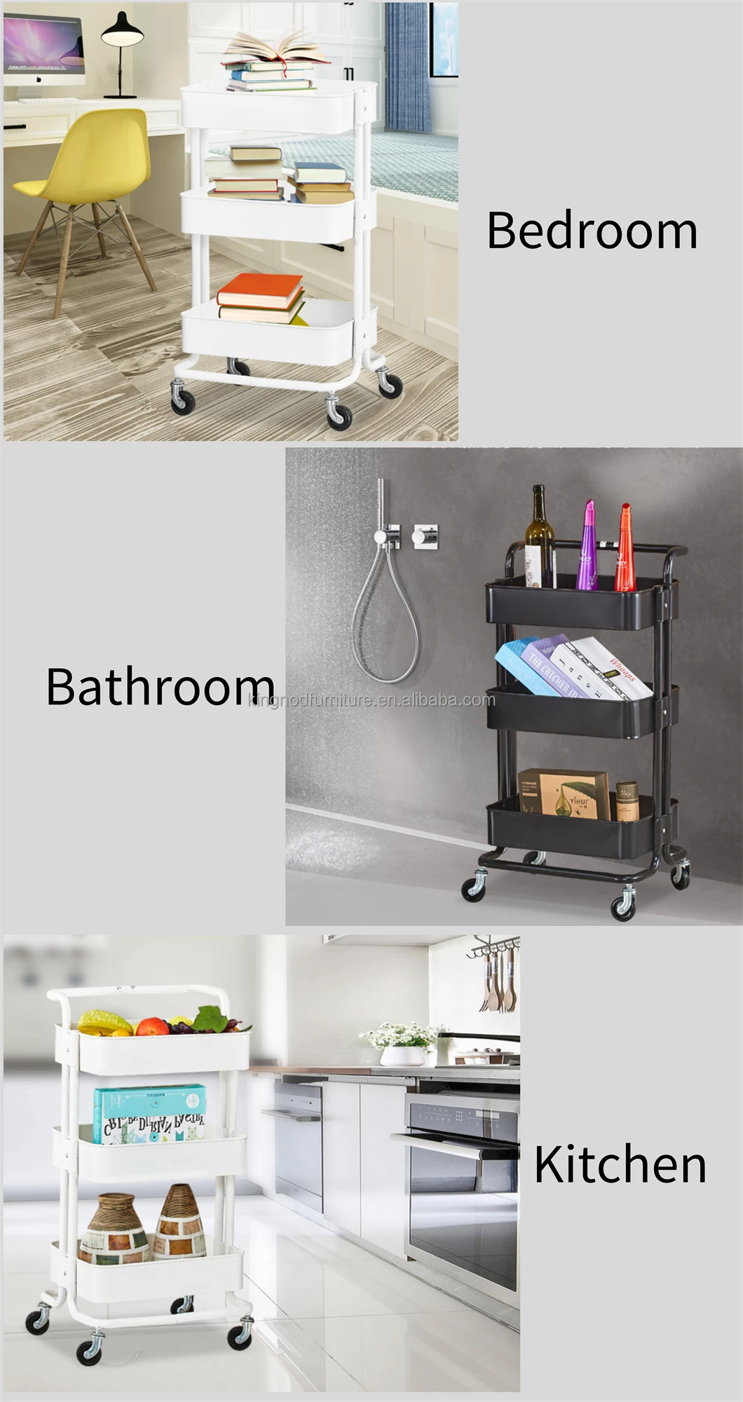 Modern Rolling Storage Trolley 4 Tiers Movable Racks Metal Rolling Cart ...