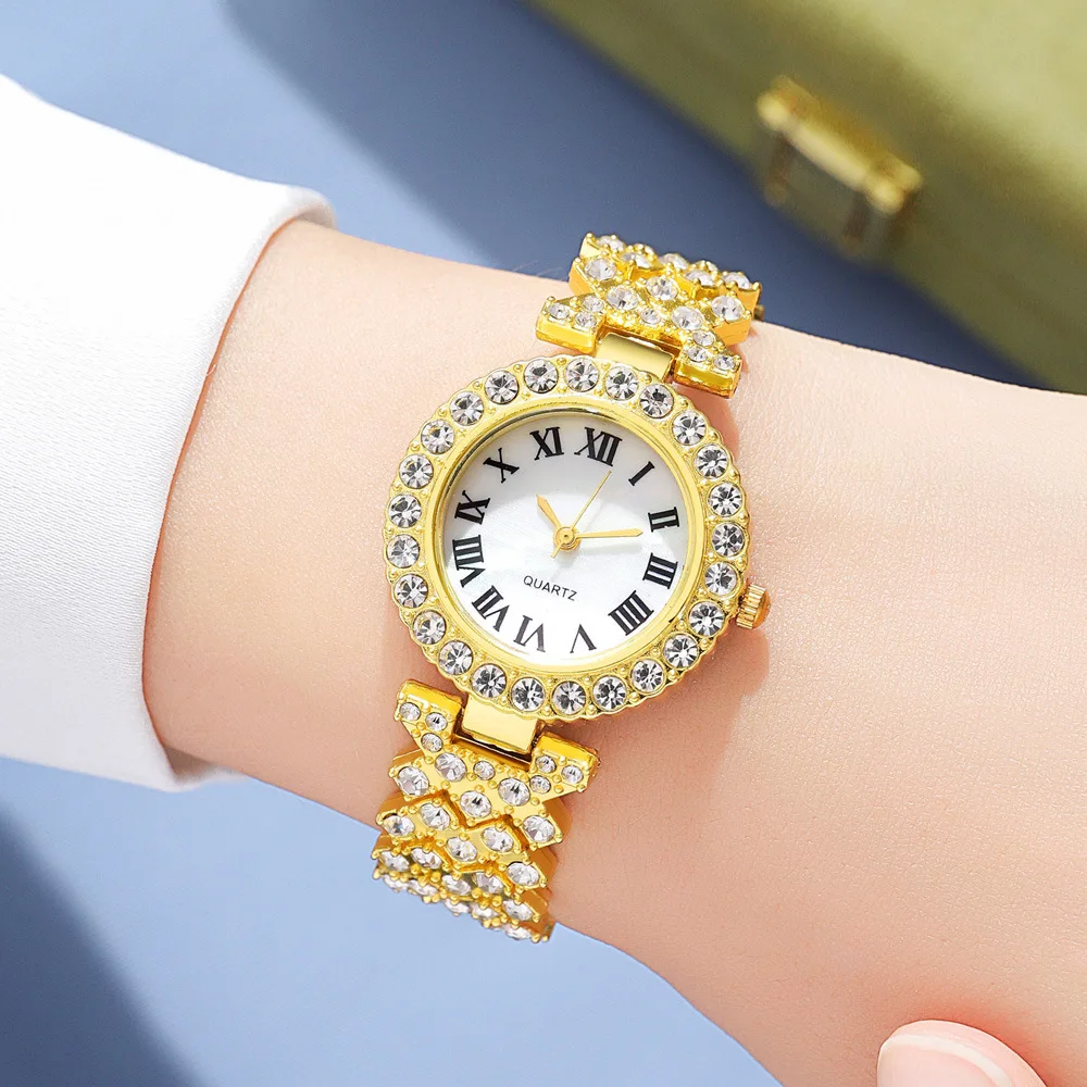 Moda al por mayor Roman Print Diamond-Set Relojes para mujer