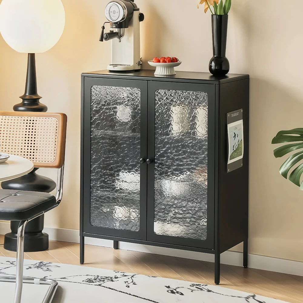 Living Room Metal Cabinet Black Steel Storage Cabinet with Adjustable Shelves,2 Glass Door for Home,Sideboard,Living Room,Office details