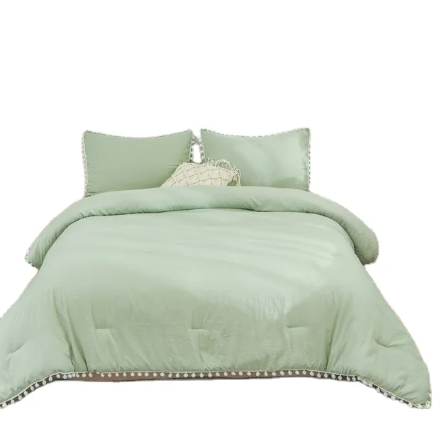 Комплект постельного белья с зеленым одеялом, постельное белье в стиле бохо с белыми помпонами, для фермерского хозяйства, мягкий наполнитель из микрофибры