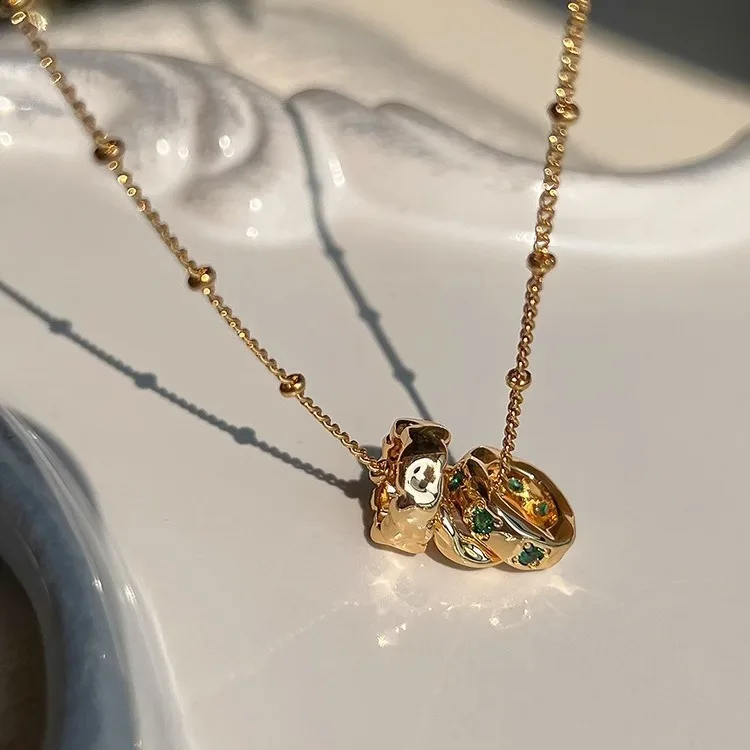 Brass Necklace with Green Zircon Triple Circle Pendant