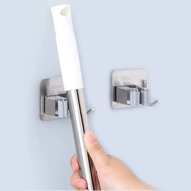 CUSTOM OEM Double Clip Mop Holder Wall Mount Space-Saving Stainless Steel Mop and Broom Holder with Hook Silver