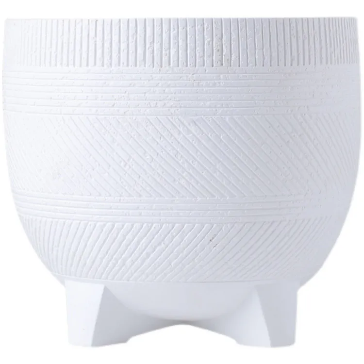 Large Diameter White Stripe Concrete Matte Floor Garden Table Planter Flowerpot Modern Garden Flower Plant Pot with Feet