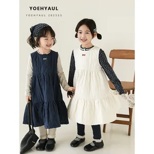 YOEHYAUL D4570 Winter New Style Girls Quilted Dress Children's Sleeveless Plaid Stitching Knee-length Cotton Dress