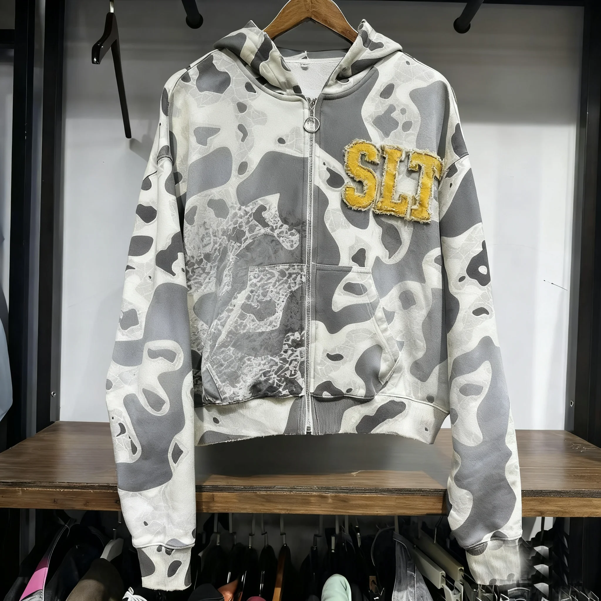 Custom Vintage Washed Allover Printed Heavy Weight Cotton Zip up Hoodies Men Custom Applique Embroidery logo Patched Camo Hoodie