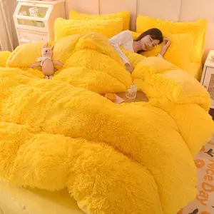 Hot Sale  Fur Velvet Fluffy Plush Soft Bedding Sheet Set 4 Pieces Warm Cozy Bedspread High Quality Ultra Soft Yellow Color