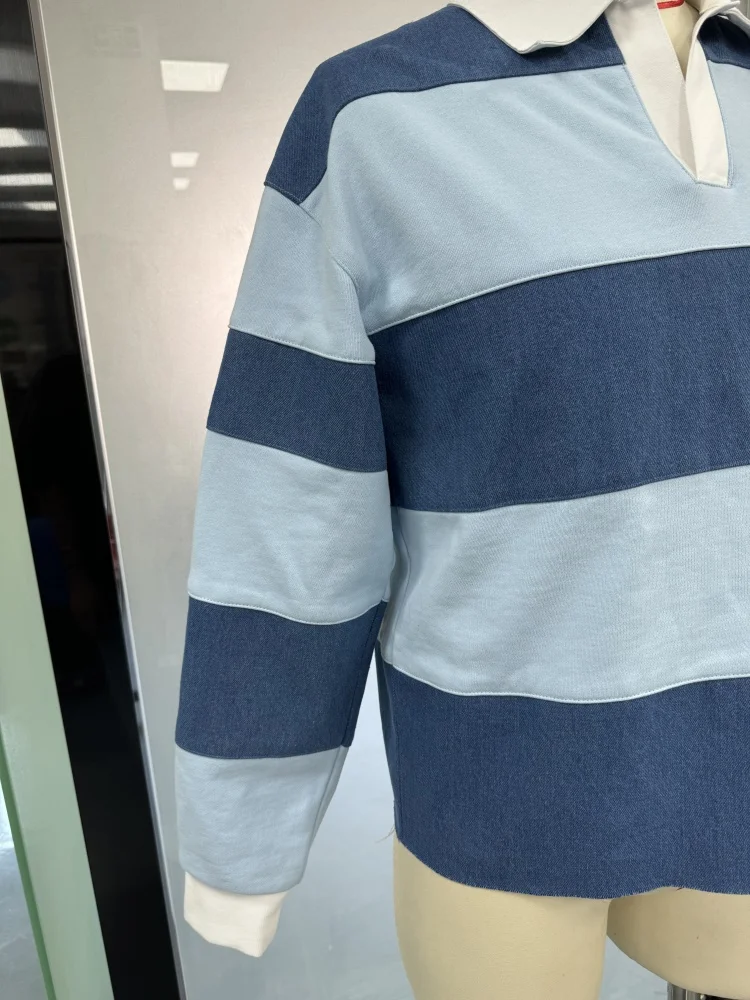 Salati Clothing Manufacturers Custom Plus Size Men's T-shirt Stripe Wash Rugby Polo T Shirt Long Sleeve Denim Shirt for Men gallery 4