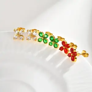 Simple Design Women Gold Plated Jewelry Stud Earring Stainless Steel Four Flower Petals Zircon Stud Earrings