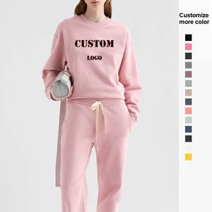OEM Custom Logo 100% Cotton Sweatshirt and Sweatpants Jogging Suit Casual Sportswear Two Piece Tracksuits Women Sweatshirt Set
