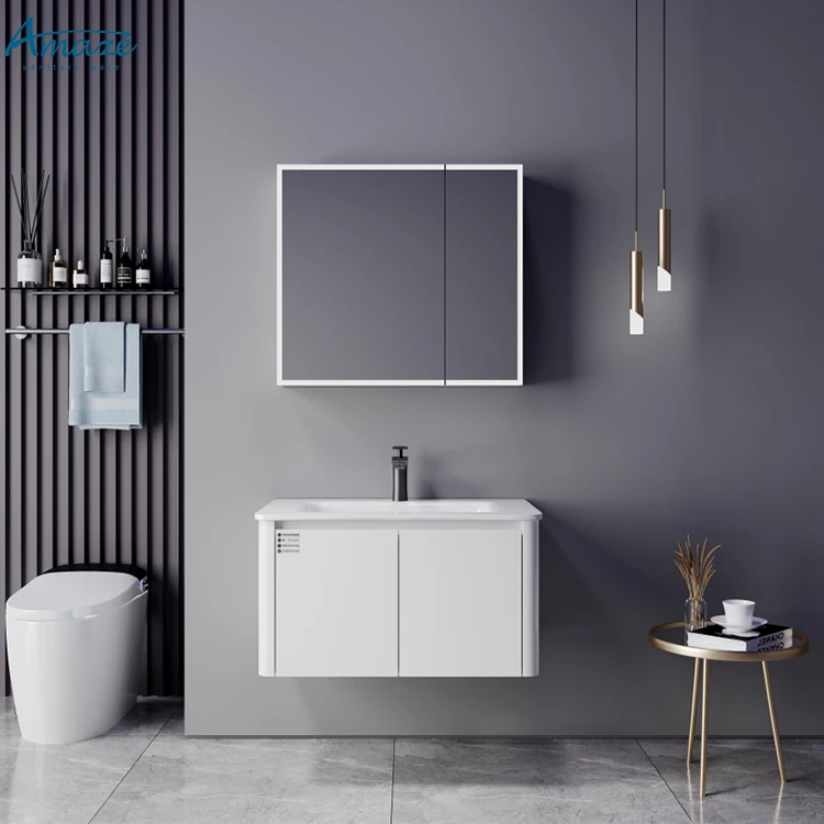 2024 New modern design white wooden bath furniture wall-hung bathroom vanity sink cabinet set with mirror supplier