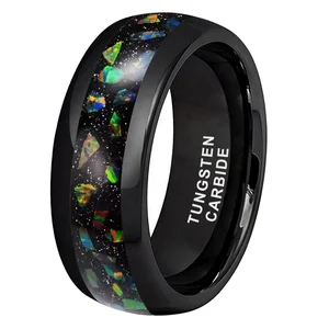 Coolstyle Jewelry 8mm Engagement Wedding Band for Men Women Colorful Opal Chip Inlay Black Tungsten Carbdie Ring