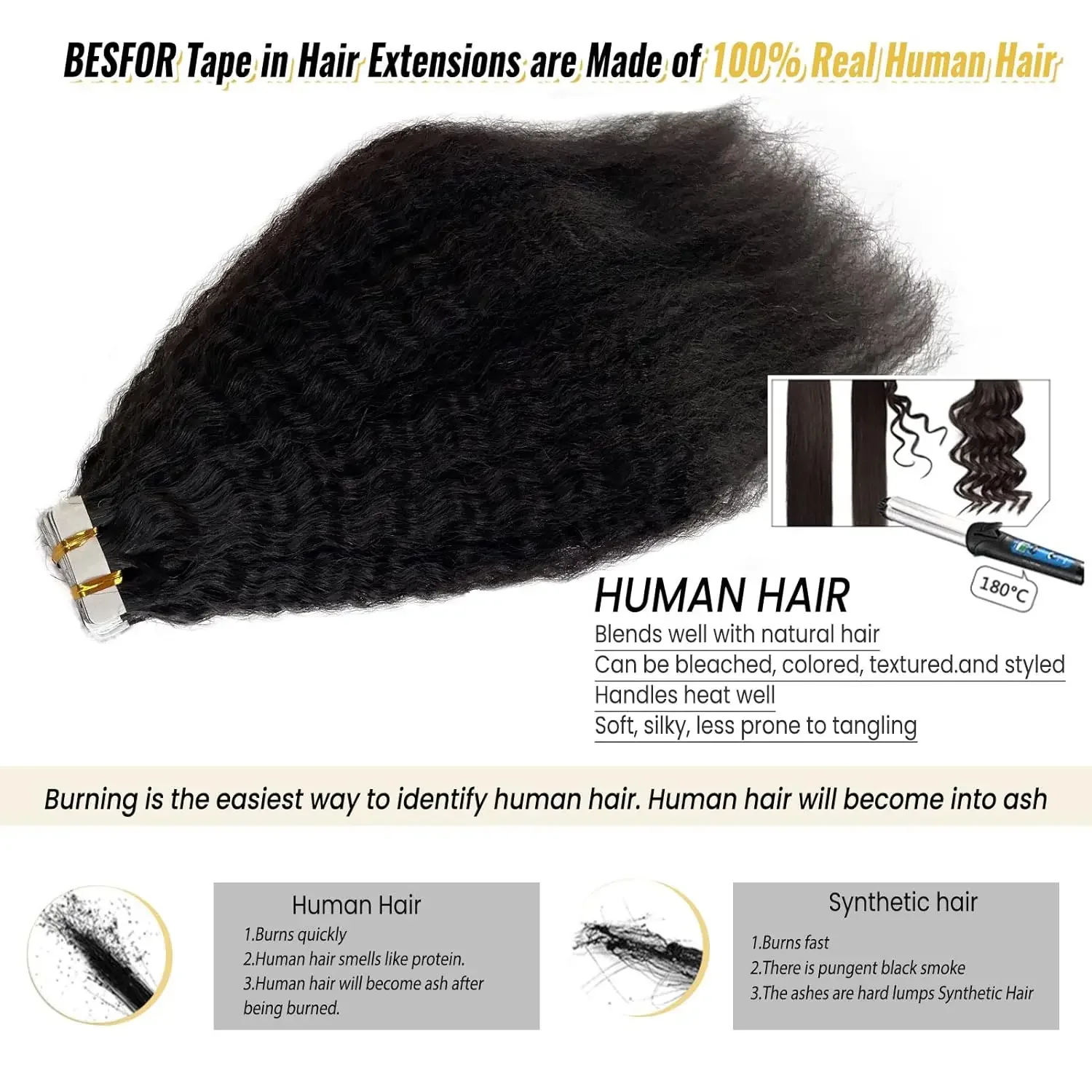 Kinky Straight Tape In Human Hair Extensions Black Remy Hair_voghion.com