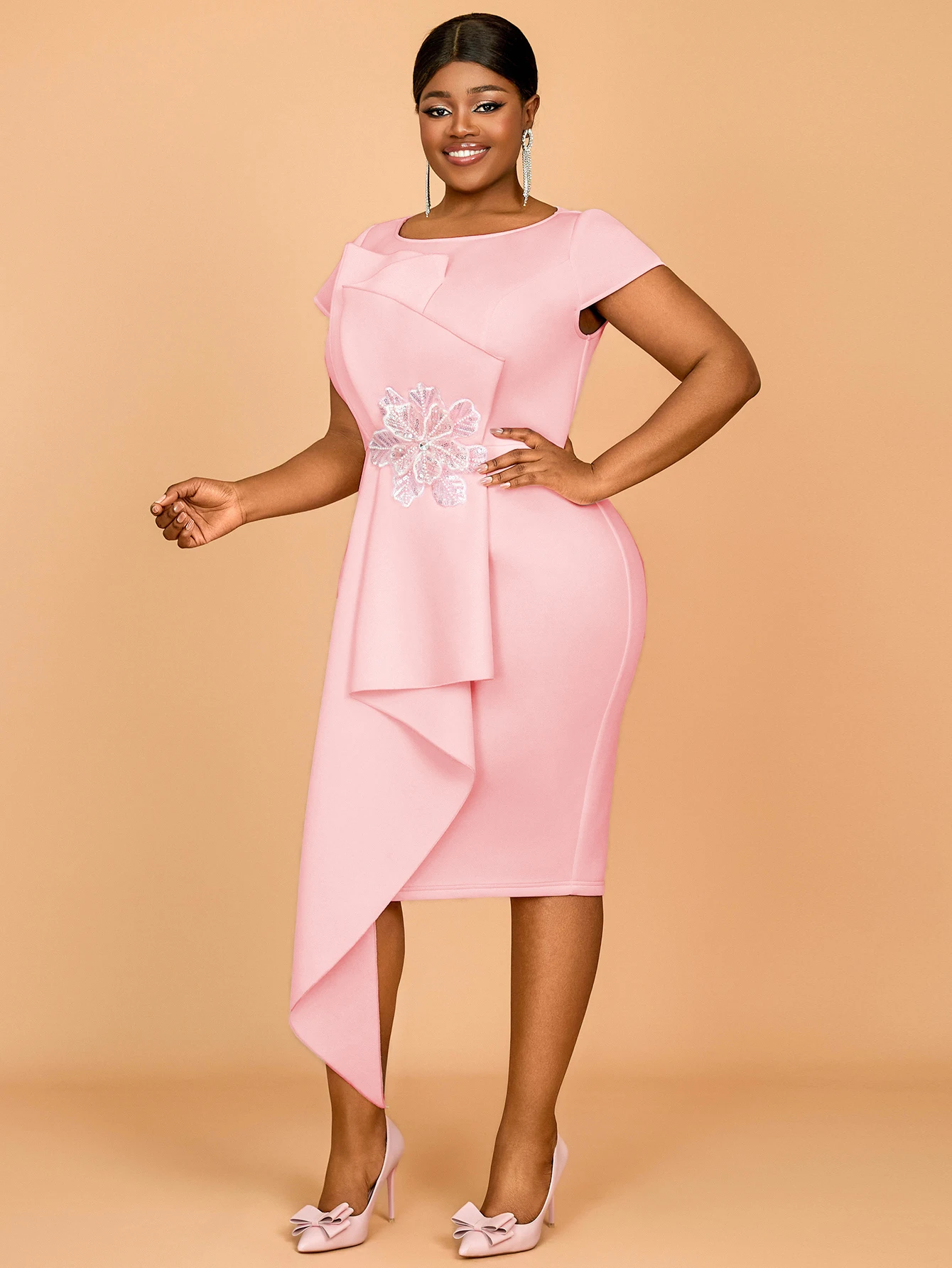 Wholesale AOMEI Whole Factory Hort Leeves Boat Neck Lim Midi Length Plit Hem Women Daily Wear Plus Ize,1 Piece