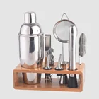OUYADA Cocktail Maker Bar Tools Equipment Barware Shaker Set Customizable Stainless Steel Kit Bartender With Bamboo Wood Stand