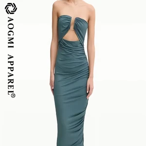 Haute Couture Luxury Fashion Ladies Sleeveless Off-the-Shoulder Neckline Slim Pleated Solid Color Midi Bodycon Satin Dress