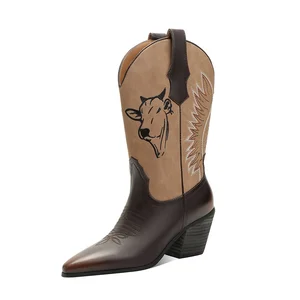Western Cowgirl Boots with Bull Embroidery Two-Tone PU Mid-Calf Boot with Square/Pointed Toe High Heel Comfort