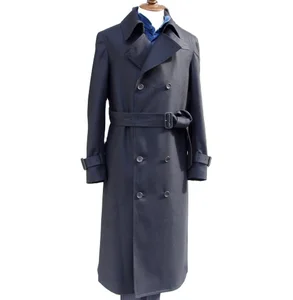 High Quality Men's Autumn Coat Dark Navy Long Polyester Cotton Trench Overcoat with Double Breasted Waistband New Design Long