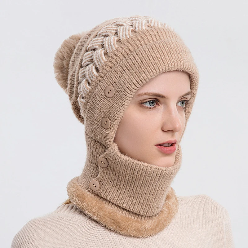Cappello Invernale Da Donna Con Scaldacollo E Passamontagna Integrato - Berretto In Maglia Con Fodera In Peluche, 2 Modalità Di Utilizzo Con Bottoni, Per Sci E Attività Outdoor - 2