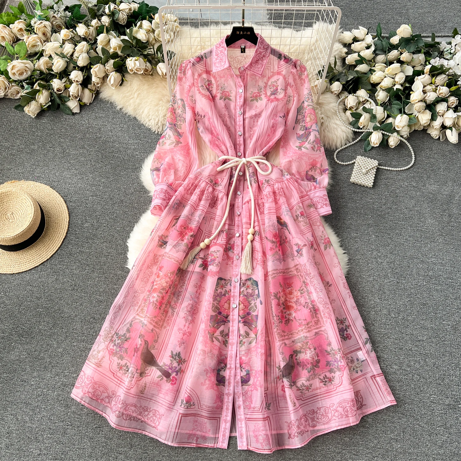 ZT1116 Women's Long Baroque Pattern Dress New Design Casual Dress Lace  Button Decoration Sweet Style Woven Natural Plain Dyed