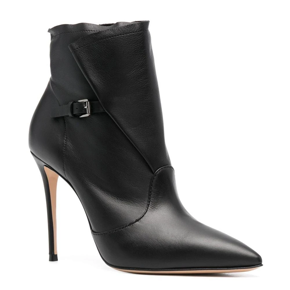 Stylish Microfiber Black Booties With Buckle Pointed Toe Tan Stiletto