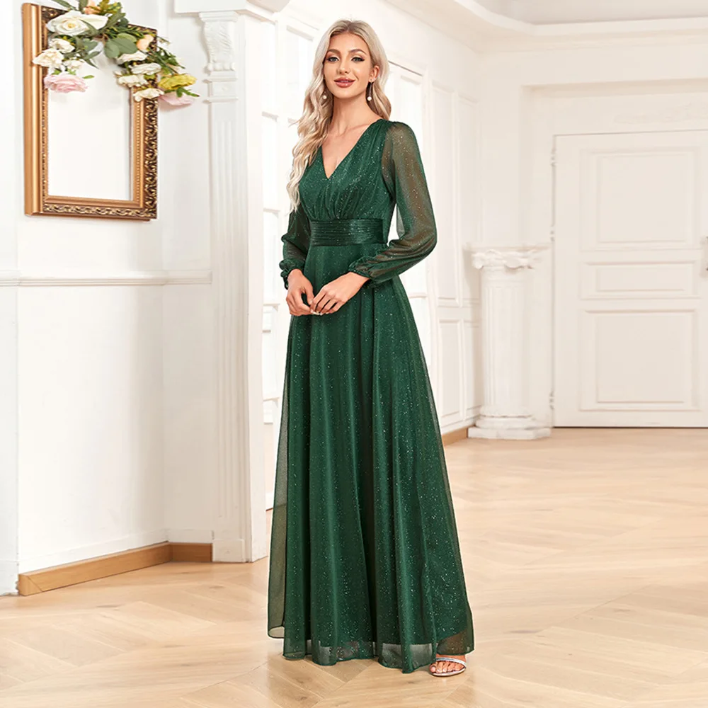 TW00054 Trendy Ladies Bridesmaid Dress V-Neck Shiny Chiffon Dress Long  Sleeve Wedding Party Gowns for Women Evening Dresses