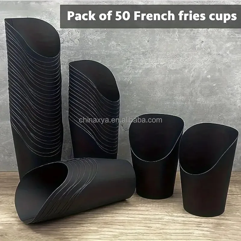 Disposable Black Color Food Cones Paper Popcorn Boxes French Fry Holder Take-out Party French Fry Cups factory