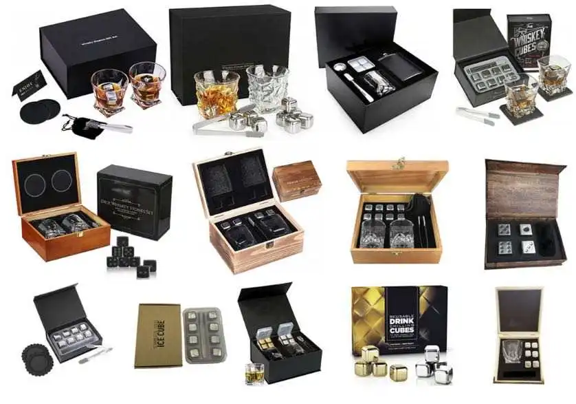 Whiskey Stones Wooden Box Set with Glass Chilling Ice Cube