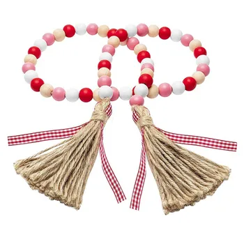 boho wood crafts decorated beads tassel garland farmhouse wall hanging home chain decor rustic pink red white bead
