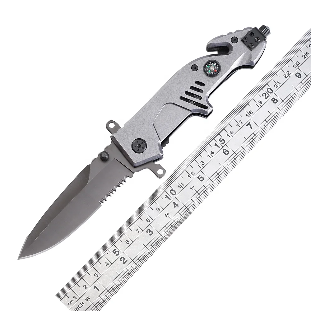 3.9" Double-Edged Anodized Coating Half Serrated Spear Point Blade Compass Glass Breaker Belt Cutter Multifunction Pocket Knife