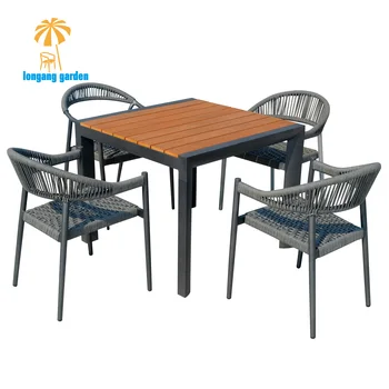 Furniture Table Wooden Top Metal Aluminum Frame Wood Dining Tables Chairs Set Outdoor Garden Furniture Sets