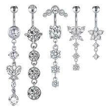 5Pcs/ Set Butterfly Dangling Flower Navel Belly Button Ring Double Round  Zircon 316L Surgical Steel Belly Piercing Jewelry