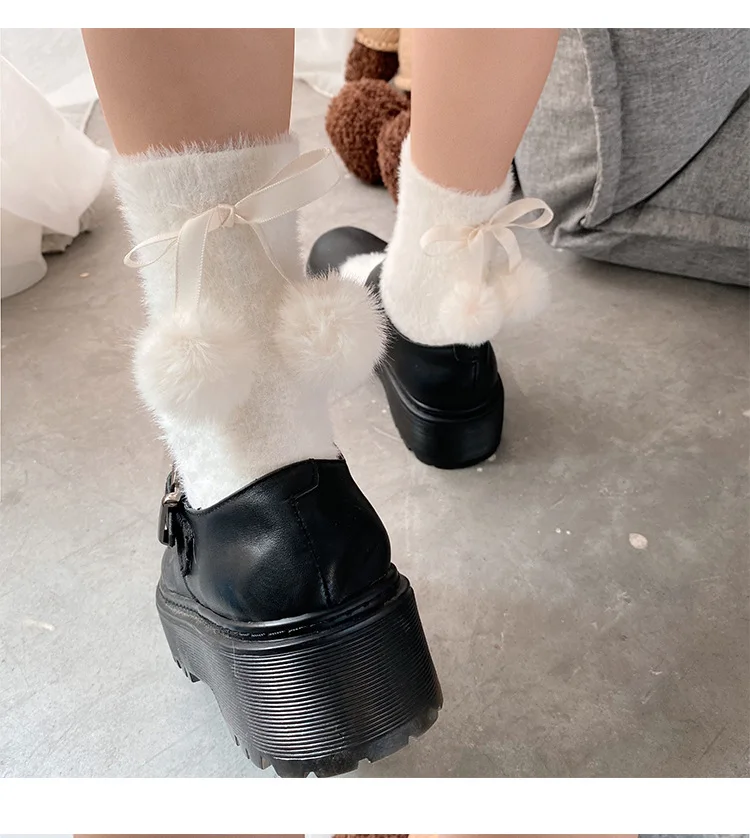 Japanese Cute Warm Plush Lolita Pom Pom Bow Fluffy Girl Socks - Buy Pom ...