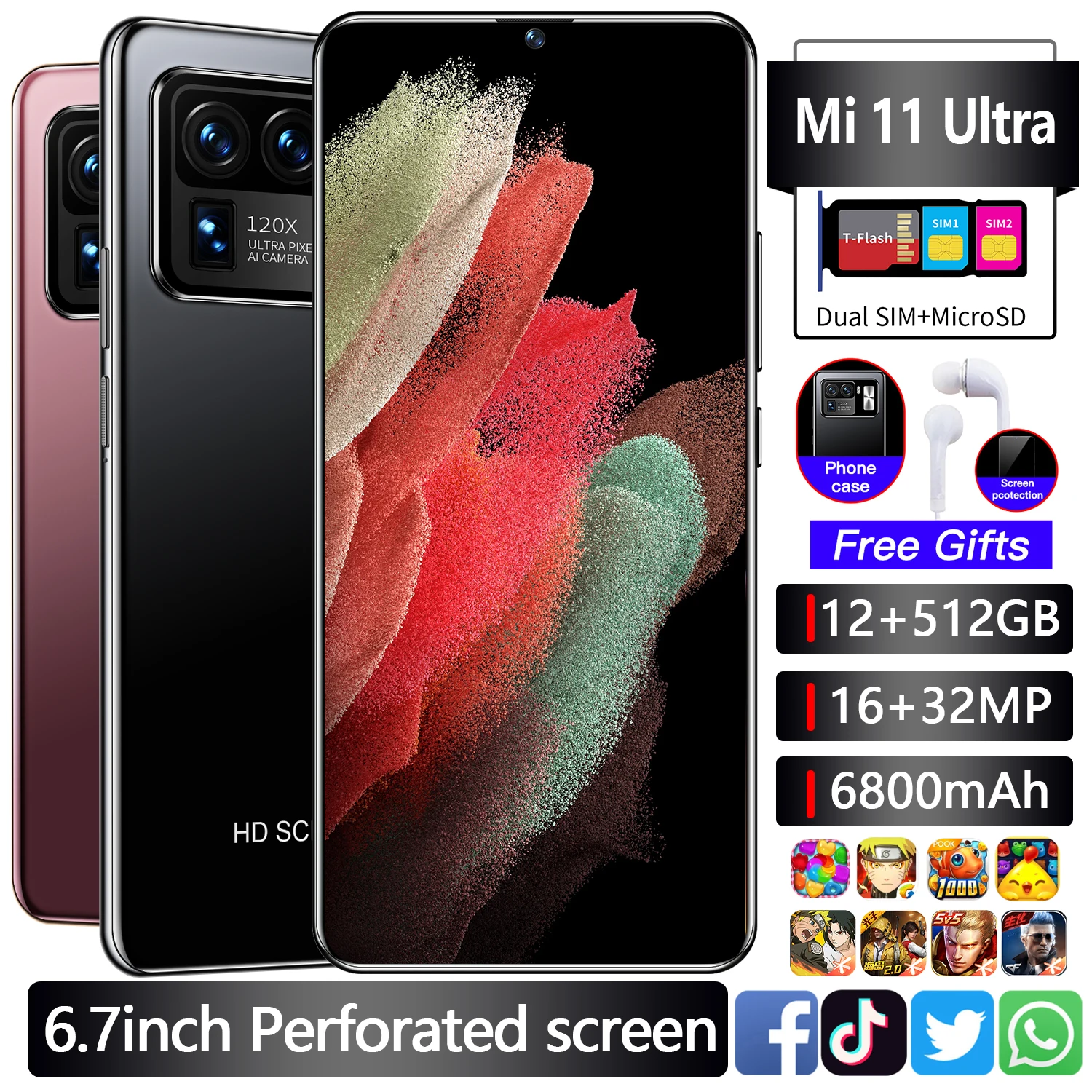 Новый телефон Mi11 u1tra Android смартфон 6,7 дюймов 12 Гб + 512 ГБ глобальная версия 5g, мобильный телефон с функцией 10-ядерный 6800 мА/ч, сотовый телефон