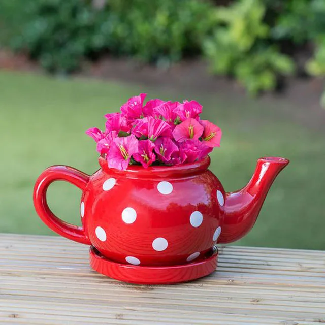 Ceramic Teapot Planter Pot Pink Spotty Garden