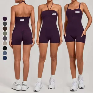 Custom Sexy Backless Yoga Gym Jumpsuits Butt Lift Sleeveless Side Pockets Tight Sportswear Breathable Quick Dry Sports Bodysuits