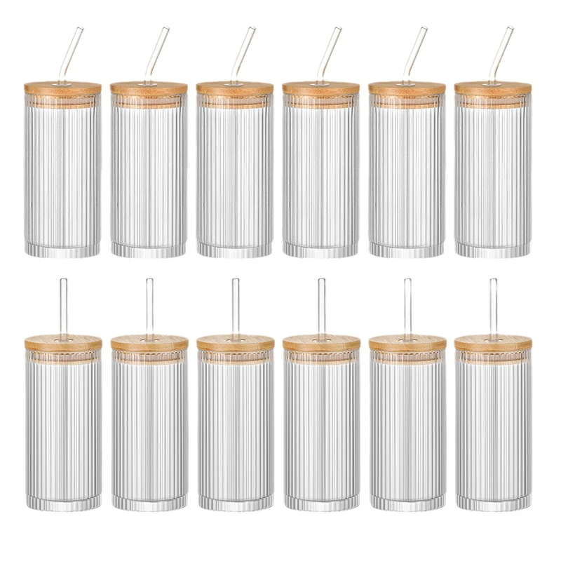 Hot Sale 12oz Ribbed Vertical Striped Glasses With Bamboo Lids And