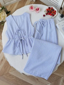 GX25104 Fashion Summer Clothing Boutique Sexy Street Wear Sleeveless Stripped Lace-up Tops and Pant 2 Piece Set