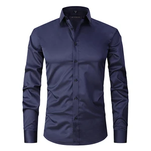 Men's Casual Slim Shirt Solid Color Anti-Wrinkle Single Breasted with Elastic Twill Fabric for Autumn Season EU Size