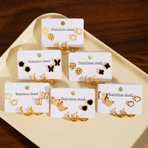 MW Trendy Fine  Non-Fading Earrings Wholesale Stainless Steel Four-Leaf Clover Five-Petal Flower Butterfly Stud Earrings Set