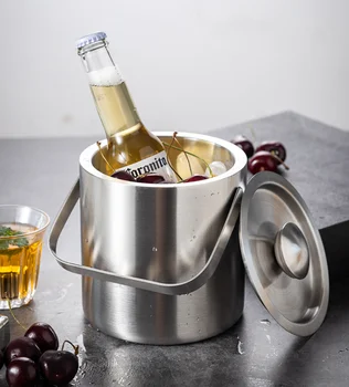 Hotel Thickened Double Wall Champagne Bucket 1.3L Round Stainless Steel Ice Bucket Bar With Lid