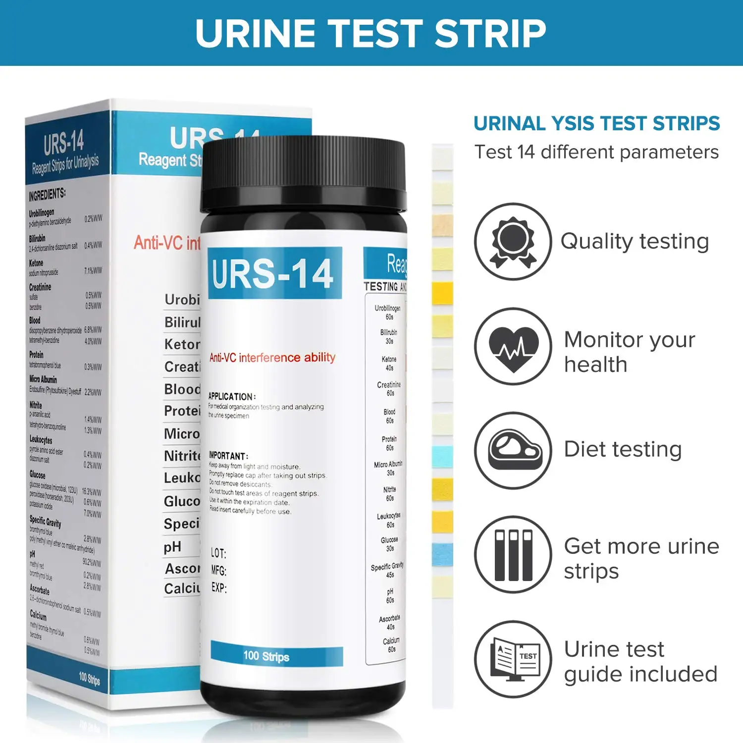 Use Test 14 Urinalysis test Diabetic Analysis Strip URS-14 Acid Ascorbic Urine test ...