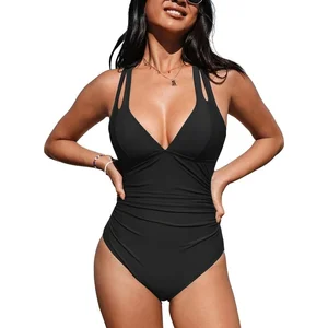 European and American New Deep V One-piece Swimsuits Cover the Belly and Show Thin Solid Color Women's Swimsuits