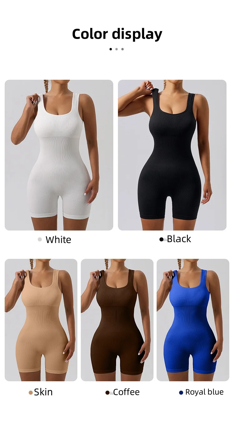 Women Fitness Bodysuit Seamless Yoga Romper Activewear One Piece Sleeveless Yoga Jumpsuit with Hollow Back Short Playsuits details