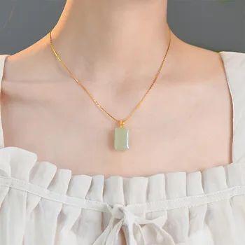 Fashion Luxury 925 Sterling Silver hetian jade Necklace Adjustable Dainty Gold Plated Natural Stone Jade Necklaces For Women