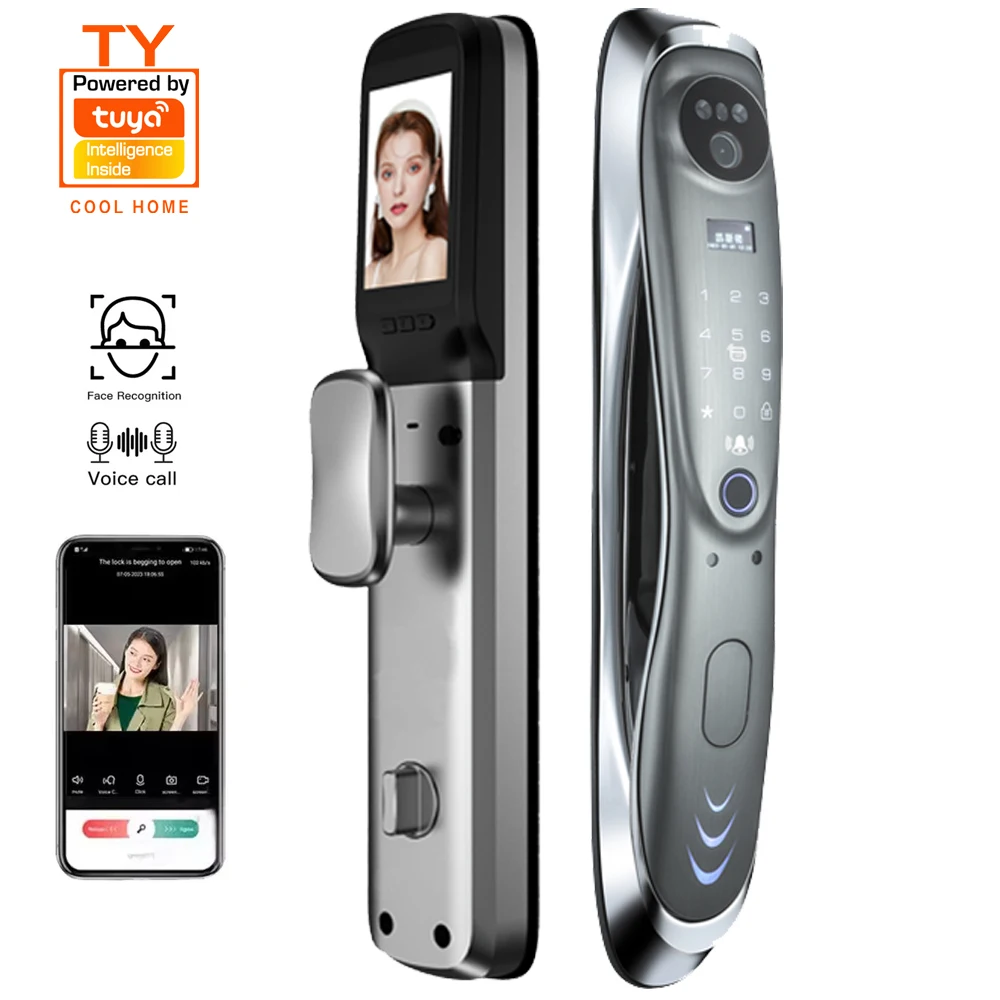 3D Face Recognition Smart Locks for Front Door Large Smart Lock Screen Wifi Tuya Smart Door Lock with Camera and Fingerprint
