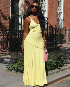 Knitted Pleats Dress Sets Women  Streetwear Sexy Crop Top Vest and Maxi Skirts Summer Party Holidays Two Piece Skirts Sets