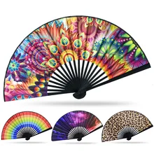 Wholesale Rainbow Series Abstract Art Style 23CM Folding Fan Black Straight Bone Satin Cover Fan Custom Folding Hand Fancts For